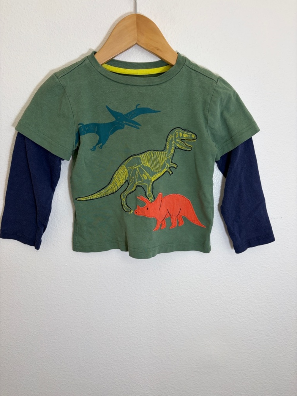 Mini Boden Green Navy Cotton Long-Sleeve Dinosaur Layered Tee